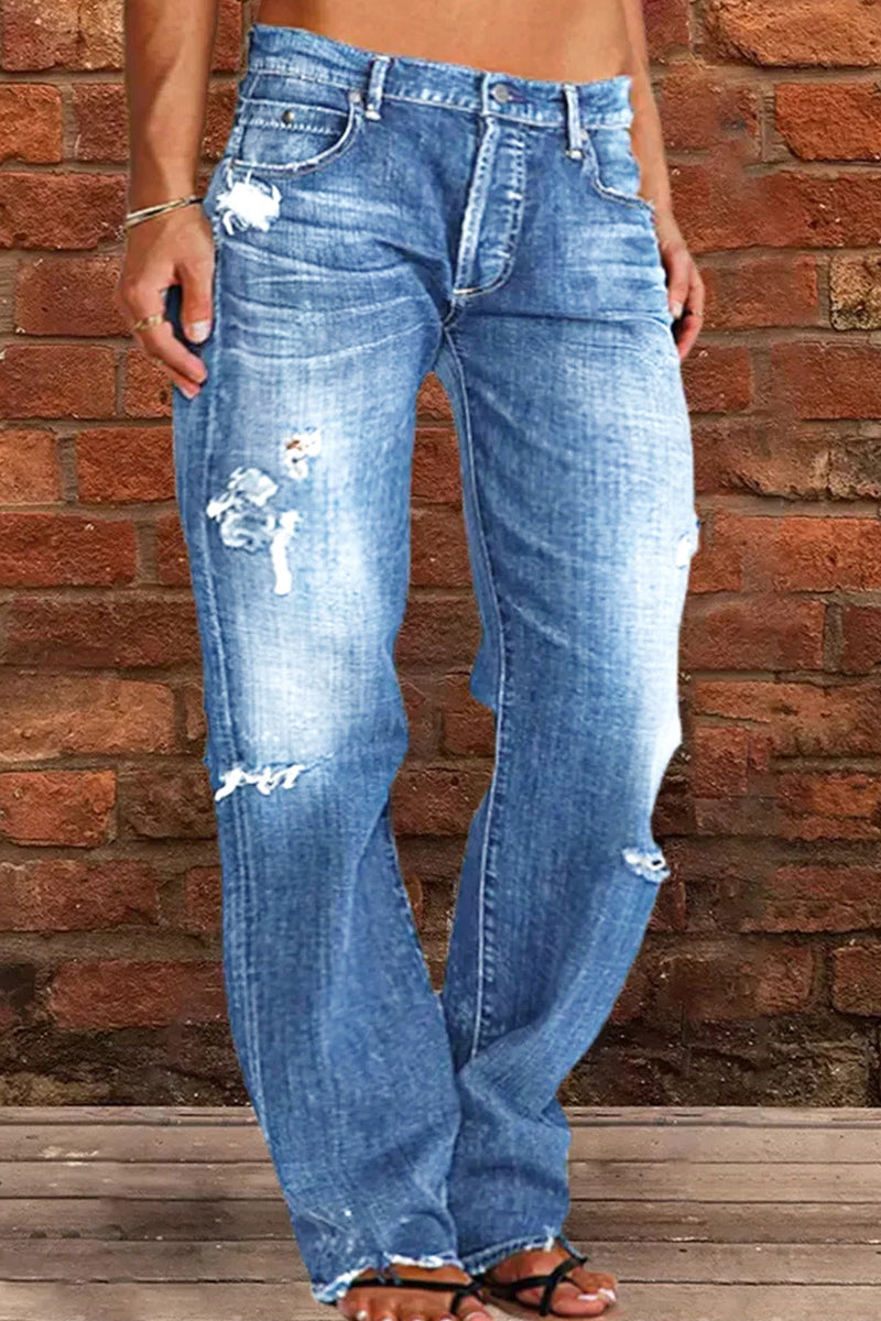 Casual Street Patchwork Ripped Straight Denim Jeans(4 Colors)