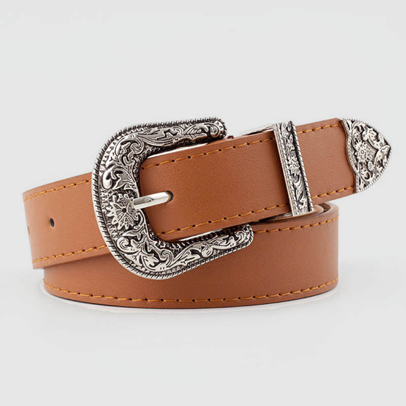 Wisherryy Western Vintage Carved Buckle Basic Belt