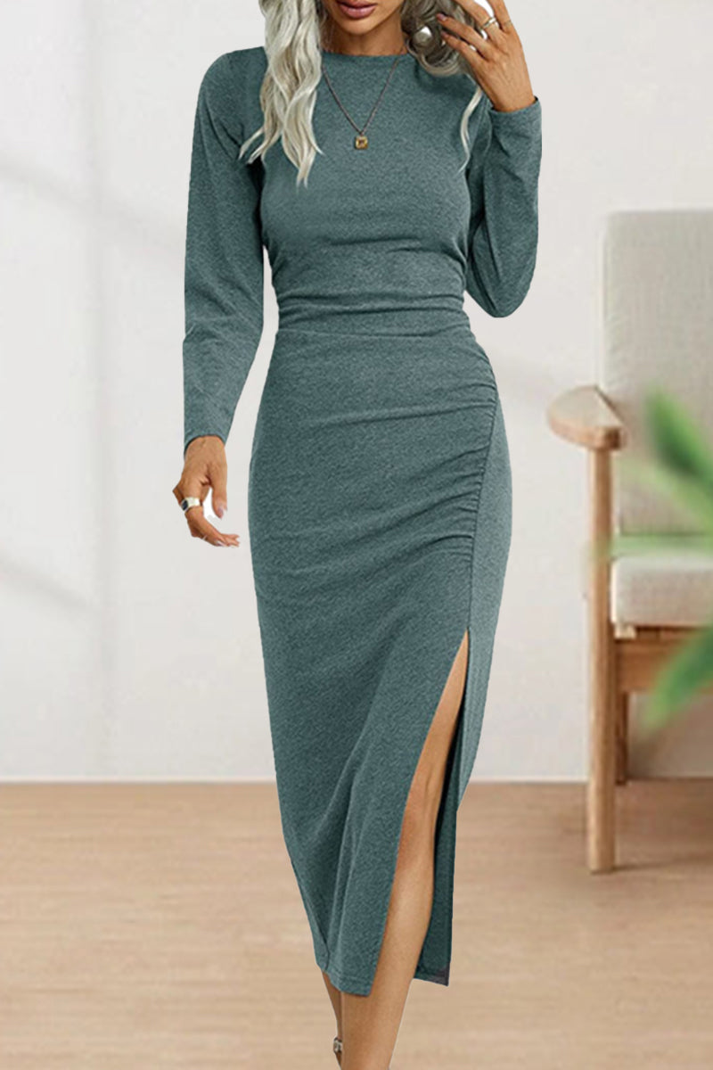 Sweet Elegant Solid Fold O Neck Sheath Dresses