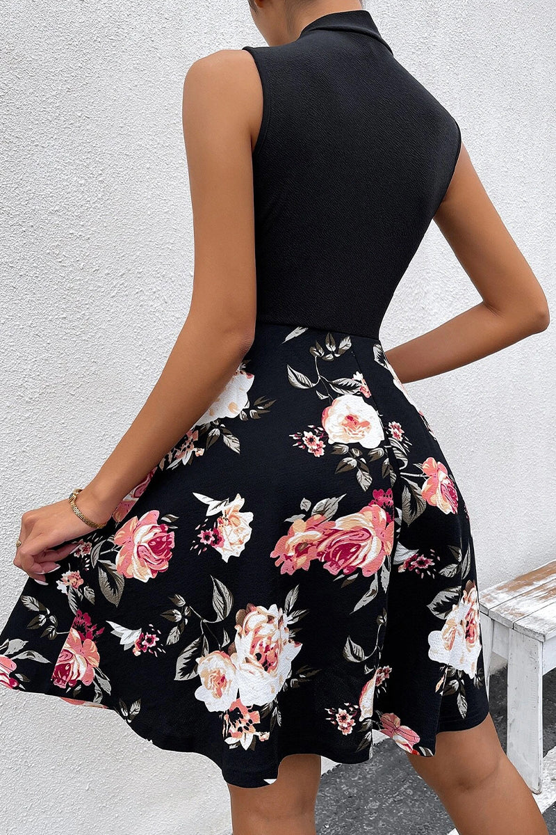 Sweet Elegant Print Patchwork With Bow O Neck A Line Dresses