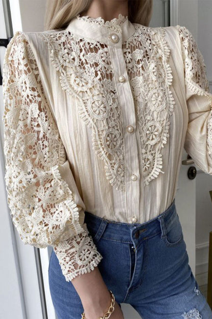 Elegant Solid Lace Mandarin Collar Tops