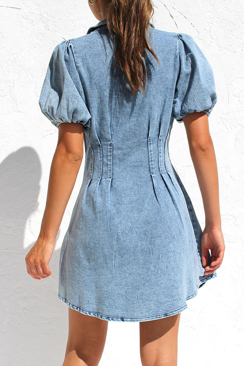 Sweet Elegant Solid Zipper Turndown Collar Short Sleeve Regular Denim Dresses