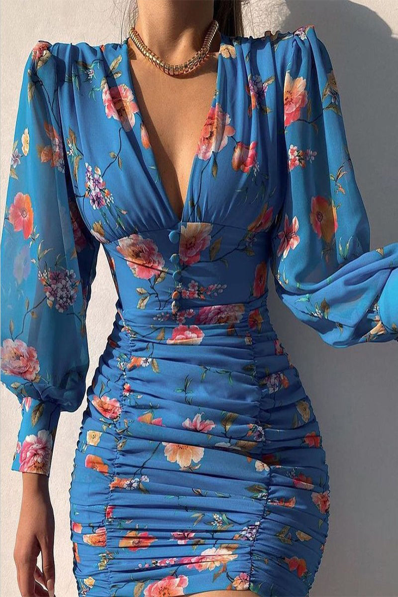 Sexy Elegant Print Patchwork V Neck Pleated Dresses – Shellher