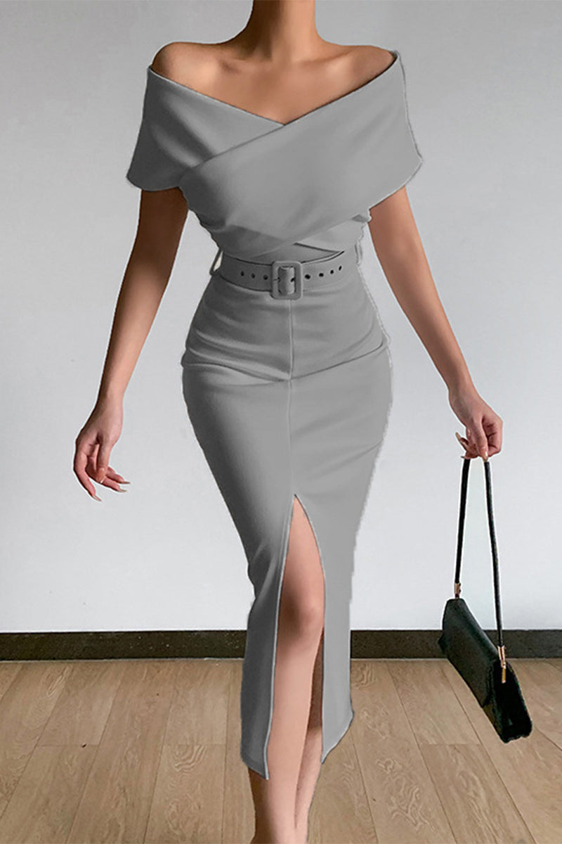 Sexy Elegant Solid With Belt V Neck One Step Skirt Dresses Shellher 9831