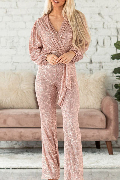 Casual Elegant Solid Sequins V Neck Regular Jumpsuits