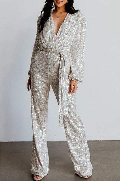 Casual Elegant Solid Sequins V Neck Regular Jumpsuits