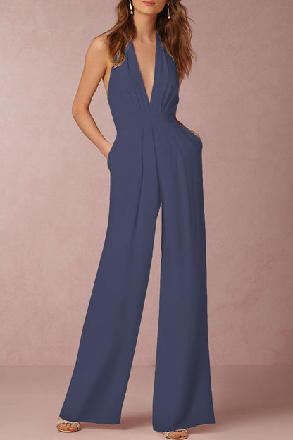 Sexy Elegant Solid Backless Fold V Neck Regular Jumpsuits