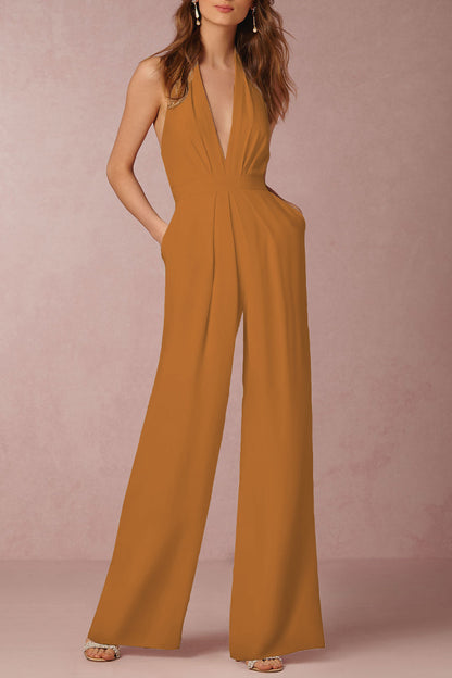 Sexy Elegant Solid Backless Fold V Neck Regular Jumpsuits