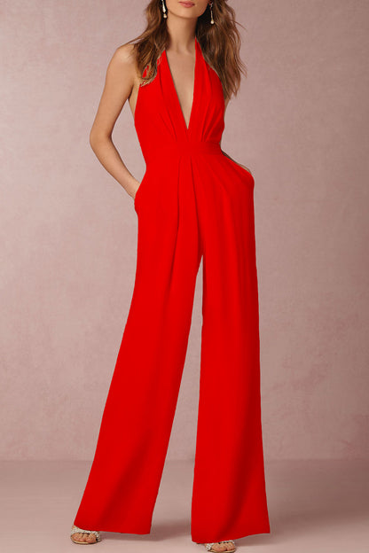 Sexy Elegant Solid Backless Fold V Neck Regular Jumpsuits