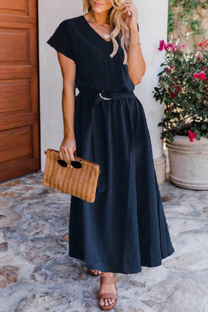 Casual Solid With Belt V Neck Waist Skirt Short Sleeve Dress