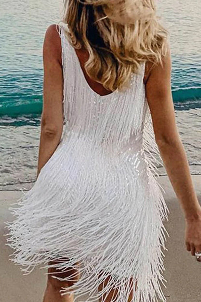 Sexy Party Solid Tassel V Neck Vest Dress Dresses