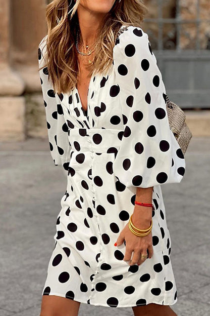 Elegant Polka Dot Patchwork V Neck A Line Dresses