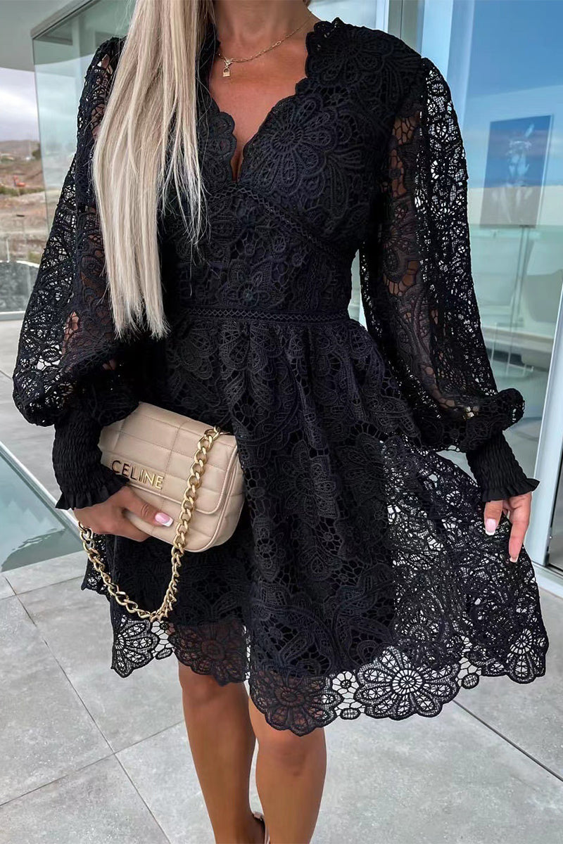 Sexy Celebrities Solid Lace Embroidered V Neck A Line Dresses – Shellher