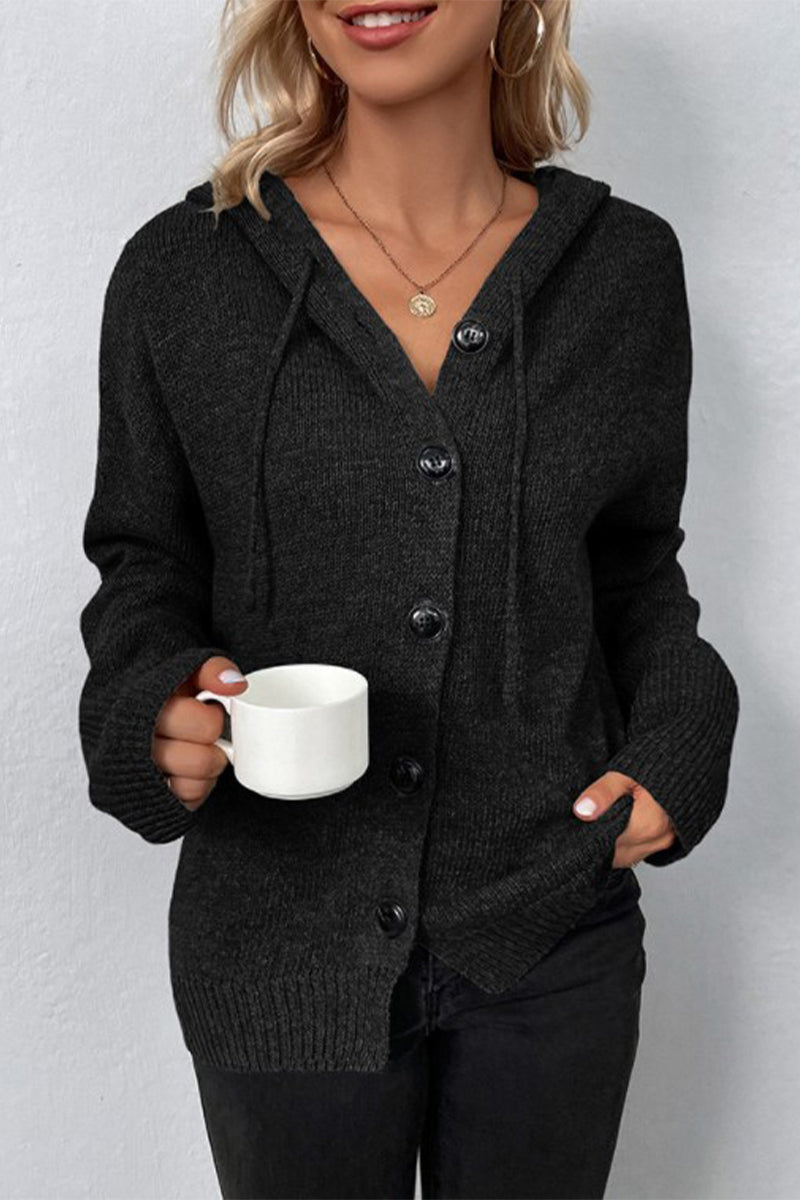 Casual Solid Buttons Hooded Collar Tops