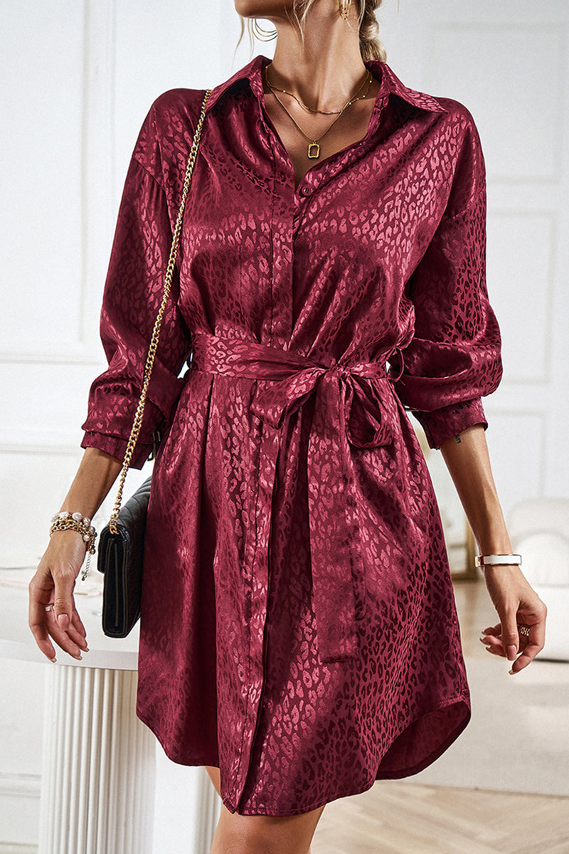 Casual Leopard Frenulum Turndown Collar Shirt Dress Dresses