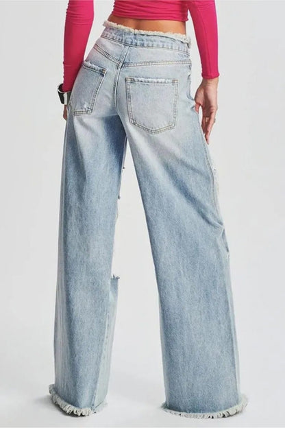 Casual Solid Ripped Patchwork Mid Waist Regular Denim Jeans (Subject To The Actual Object,4 Colors)