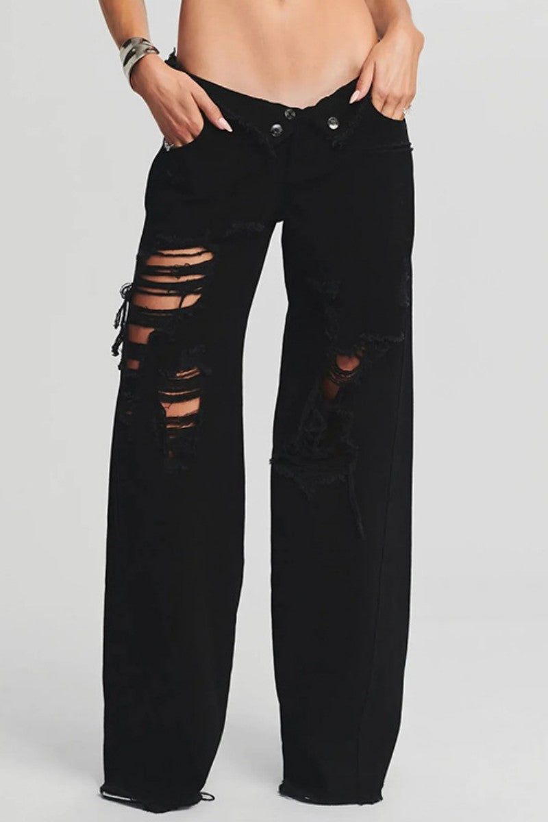 Casual Solid Ripped Patchwork Mid Waist Regular Denim Jeans (Subject To The Actual Object,4 Colors)