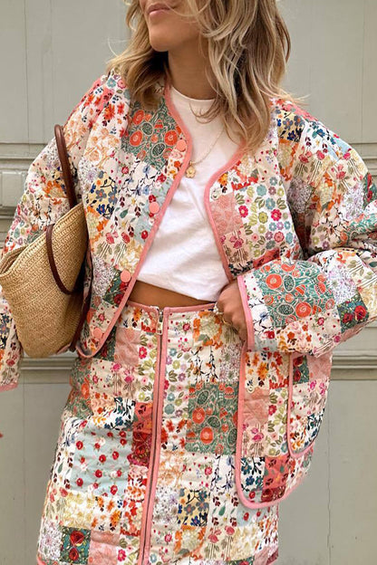 Sweet Print Floral Patchwork U Neck Outerwear